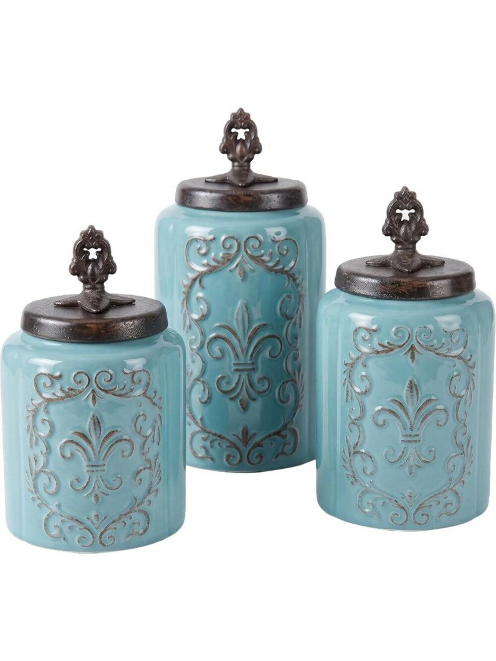 Vintage Blue Antique Canister Set of 3 - Kitchen Storage Decor, Rustic Charm